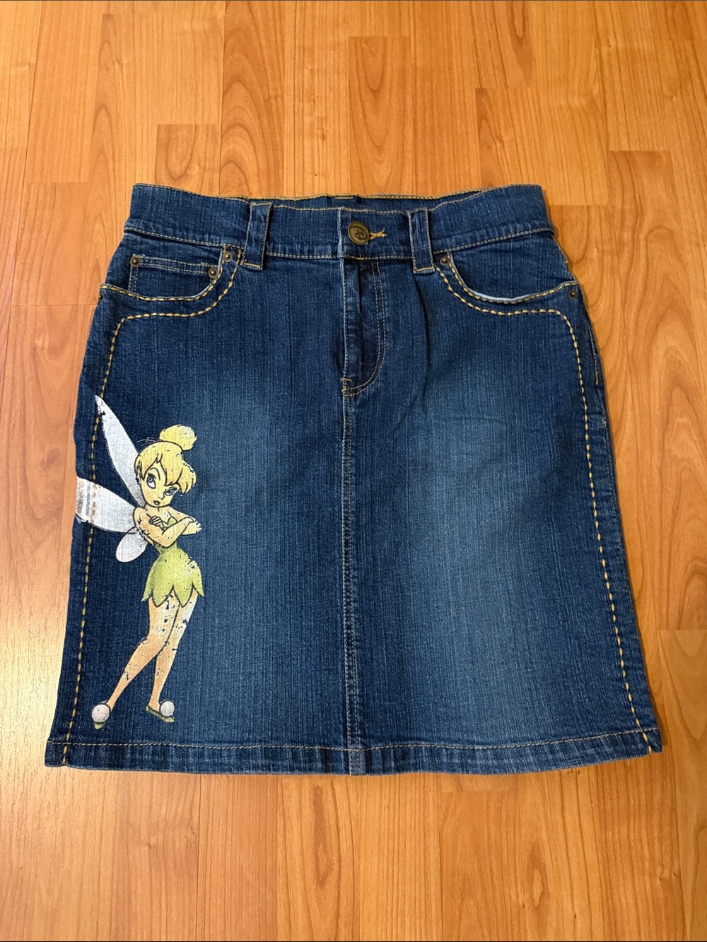 Vintage Y2K Disney Blue Denim A-Line Skirt with Tinker Bell Print
